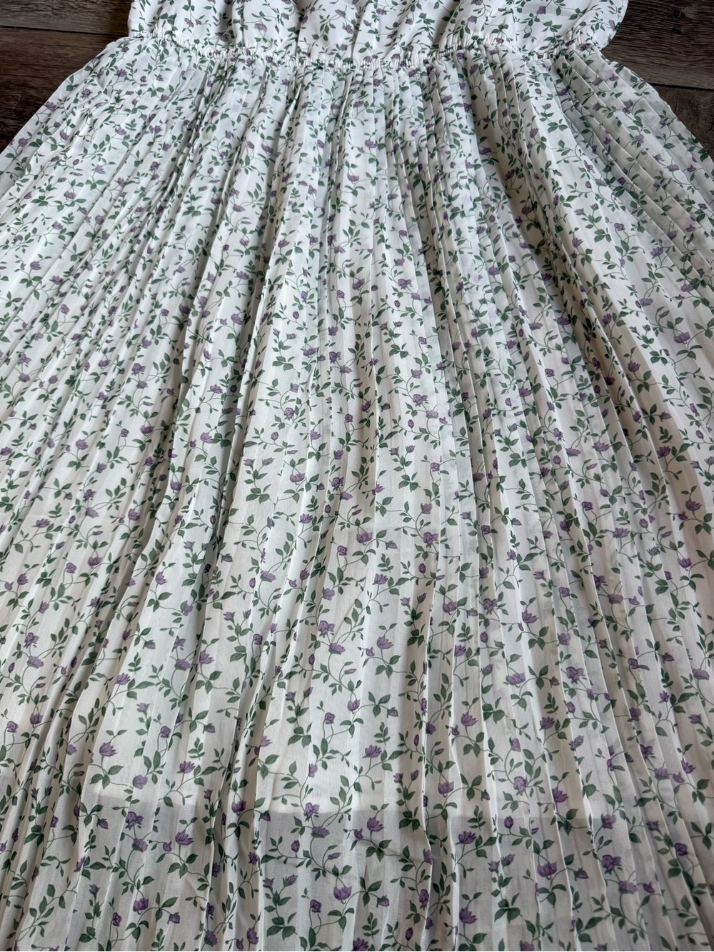 Hayden Cream Floral Pleated Sundress with Green and Purple Accents - Picture 4 of 7